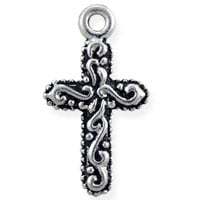 Decorated Cross Charm 19x11mm Pewter Antique Silver Plated (1-Pc)